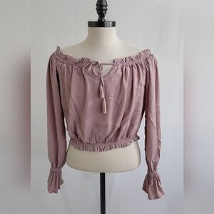 Forever 21 Gingham Off The Shoulder Crop Top Ling Sleeve Pink Size XL